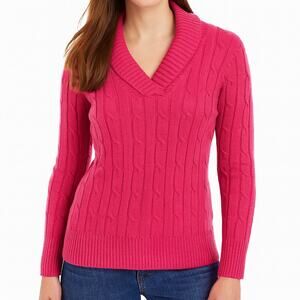 LL Bean Lambswool Cable Knit Sweater Pink Shawl Collar V Neck Ribbed Trim XL